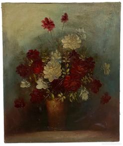 Arte: Antiguo óleo sobre liezo, bogedón, jarrón con flores. Firmado P. Jobert. 60x50x1,5